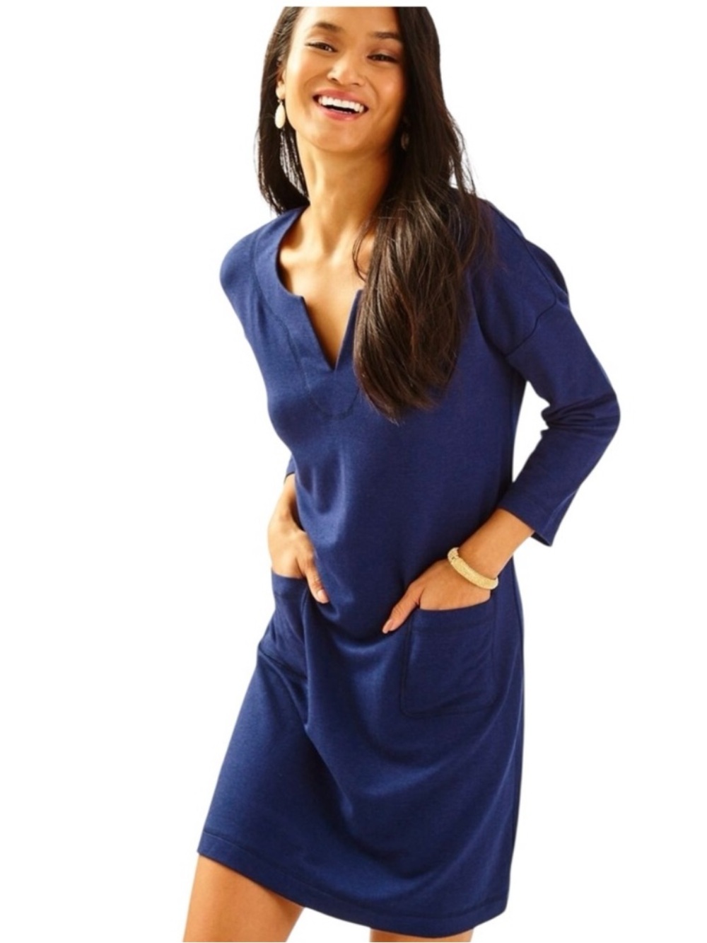 Lilly Pulitzer Joyce Navy Blue V-Neck Tunic Pocket Dress / Shirt Dress UPF 50+